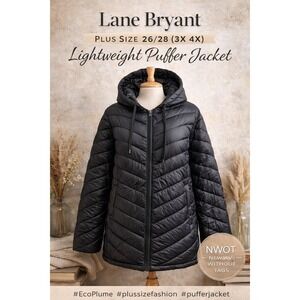 Lane Bryant Hooded Puffer Jacket Womens 26/28 NWOT Black EcoPlume Quilted Coat P